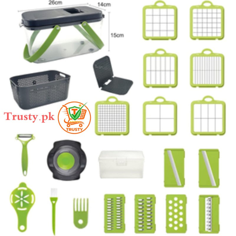 Collection of kitchen tools and accessories with measurements and Trusty.pk logo.
