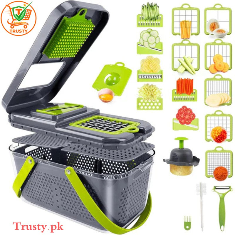 Multifunctional kitchen tool with various attachments on a white background, featuring the Trusty.pk brand.