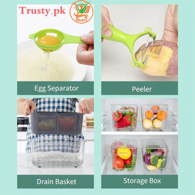 Set of kitchen tools including an egg separator, peeler, drain basket, and storage box with Trusty.pk branding.