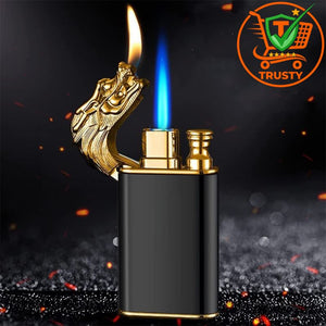 Black and gold lighter with a lit flame on a dark background, featuring the Trusty logo.