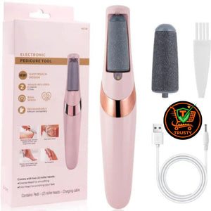 Pink electronic pedicure tool with packaging, cable, and additional roller heads on a white background.