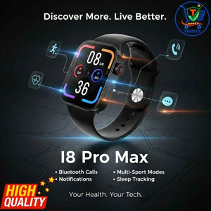 Trusty i8 Pro Max Smart Watch with Bluetooth calls, notifications, multi-sport modes, and sleep tracking on dark background, Trusty brand visible
