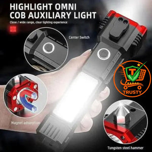 Handheld light with features highlighted on a dark background, including 'Trusty' logo.